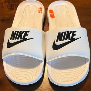 Nike Unisex White Slide Sandals with Black Logo